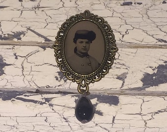 Victorian Gem Tin Type Photo Brooch Pin with Edwardian Black Glass Drop