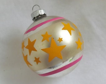 Vintage Shiny Brite ornament silver and pink ornament glass ball Christmas ornament stencil ornament yellow stars ornament