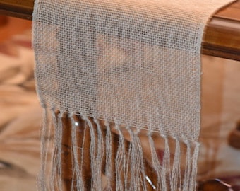 Lovely and Versatile Burlap, Open Weave, Knotted and Fringed Table Runner