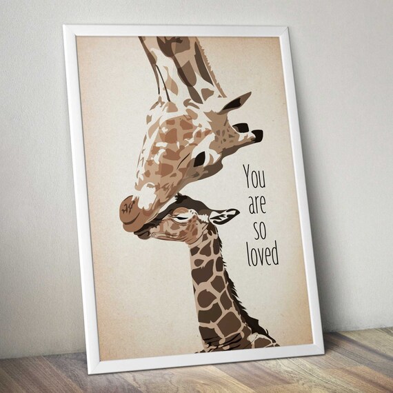 Giraffes Mother and Baby Love Poster Vintage Art Illustration