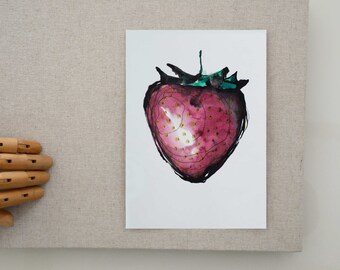 Original strawberry ink drawing on paper, modern strawberry ink painting, strawberry illustration kitchen wall art decor by Cristina Ripper