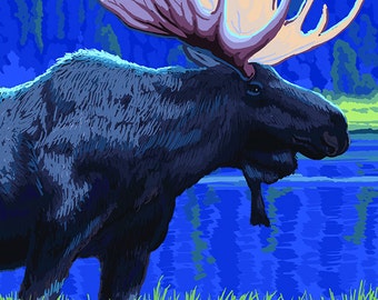 Moose at Night - Spokane, Washington (Art Prints available in multiple sizes)