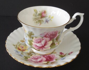 Royal Albert Bone China Cup Saucer Set - Pink and White English Rose Bouquet - Tea Party!