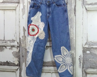 Women's Chic Upcycled Jeans with Doilies and Lace Applique Patchwork Romantic Clothing Wearable Art Denim