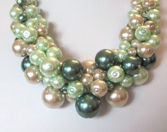 Pearl Cluster Necklace Set in Dark Green, Mint and Tan - Chunky, Choker, Bib, Necklace, Wedding, Bridal, Bridesmaid, SRAJD