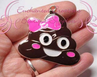 2" Brown Poop Emoji with Pink Bow Charm, Chunky Pendant, Bookmark, KeyChain, Bookmark, Zipper Pull, Planner Charm, Purse Charm