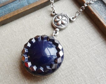 Navy with Silver Trim, Vintage German Glass Button, Necklace, Timeless Trinkets