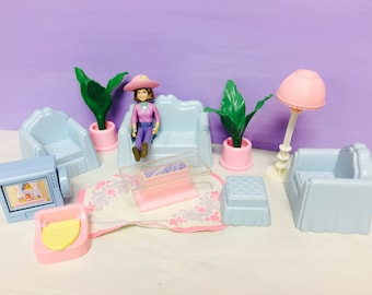 Playskool Dollhouse Furniture, Living Room Set, Toy Lot, Vintage 90s Playskool House, Cute Girl Toys, Couch and Chairs, TV Lamp Coffee Table