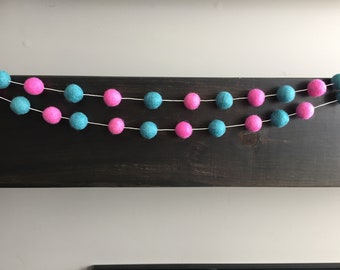Pink & Teal Felt Ball Garland. Baby Nursery. Gender Reveal.