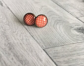 Red cabochon with white dots Stud Earrings