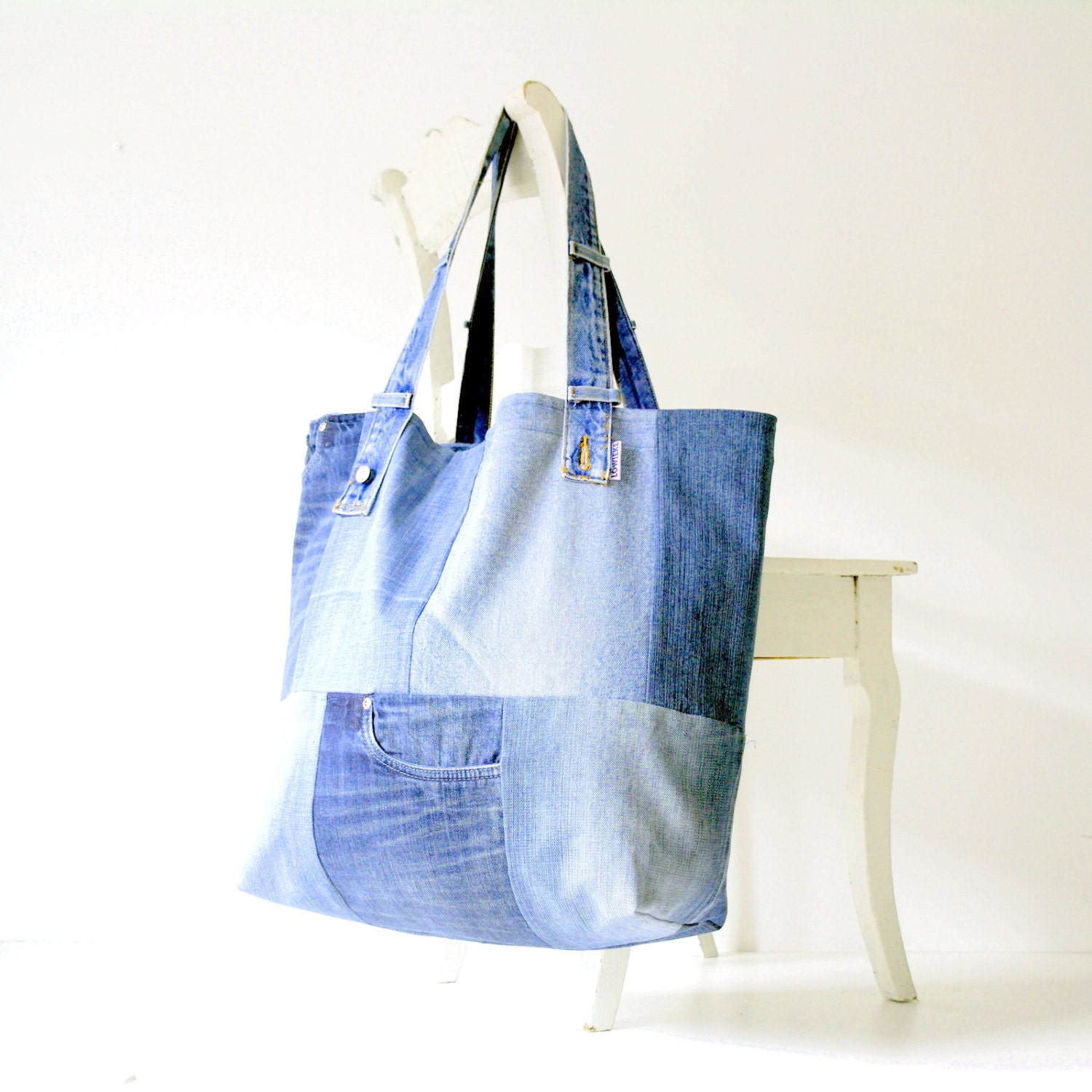 XXL beach bag recycled jeans patchwork fully lined XL jeans