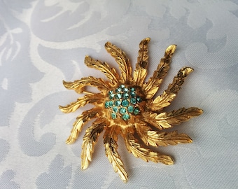 Vintage Sunburst, Flower Brooch with Aqua Crystals