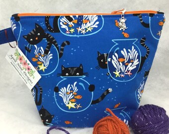 Cat and Fishbowl Knitting Bag, Knitting Bag, Crochet Bag, All Purpose Bag, Yarn Bag, WIP Bag, Knitting Tote