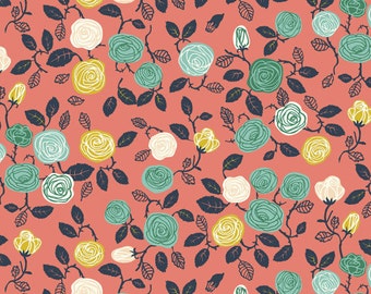 KNIT, Roses Coral, Hidden Garden Collection, Birch Fabrics, Organic Knit Fabric, Jersey Knit