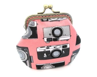 Camera snap pouch, cotton fabric, frame coin purse, bronze kiss lock clasp purse, metal frame change purse