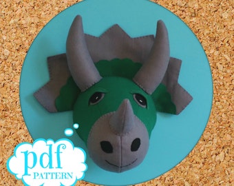 Dinosaur head sewing pattern. Faux taxidermy. Felt triceratops. Boys room decor. Dino wall bust. Jurassic wall art. Green and grey felt.