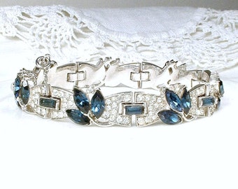 PRISTINE TRiFaRi Sapphire Rhinestone Bracelet,Designer Vintage Art Deco Silver Pave Paste Wide Link Navy Blue Bridal Bracelet,Gatsby Wedding