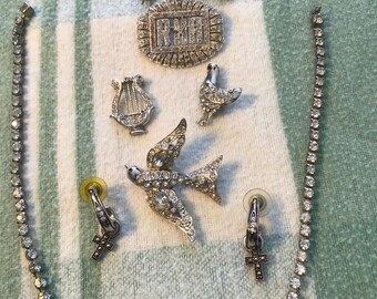 Rhinestone Lot 9 Pieces of Rhinestone Jewelry Coro Dove Harp Chicken Rhinestone Necklace Pierced Earring To Upcycle Bridal Jewelry 9 Pc Lot