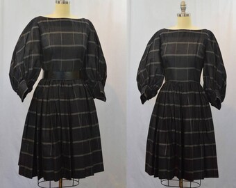 1950's Black and White Window Pane Plaid Full Skirt and Sleeves
