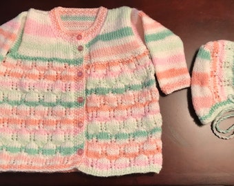 Beautiful Hand Knit Child's Cardigan & Hat - 3 year old