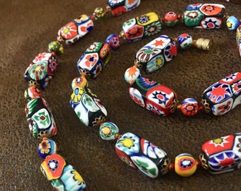 Vintage Long Millefiori Necklace, Made in Italy, 29" Long