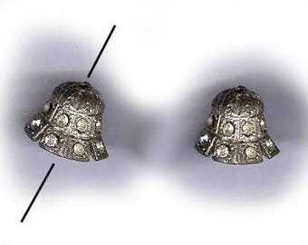 two vintage RHINESTONE BEAD CAP art deco rhinestone bell shape silvertone bead cap amazing one pair or two bead caps