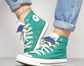 Vintage 90s Converse Green with Navy & White Double Tongue Hi-Tops Sneakers Retro Festival Label Size UK 3 EU 35 US Mens 3 Womens 5 cm 22
