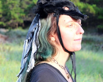 Black dyed coyote headdress with gray leather, orthoceras fossil, yarn tassels - creative tribal fusion paagan ritual  and more one size