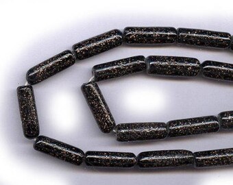 vintage ART GLASS beads black with AVENTURINE sparkle one dozen cylinder shape 15mm x 6mm bold beads strong beads
