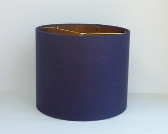 Drum Lamp Shade in Navy Blue Linen Fabric with Metallic Gold Lining