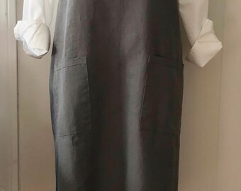 Linen Smock, Apron or Pinafore, "Bib Top" Cross Back, Washed Linen, Charcoal Gray