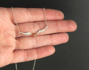 Flying Gold Ball-Wings Charms -Handmade Sterling Silver 925 with18k Gold Plated-Glossy Finish-Silver Necklace Chain