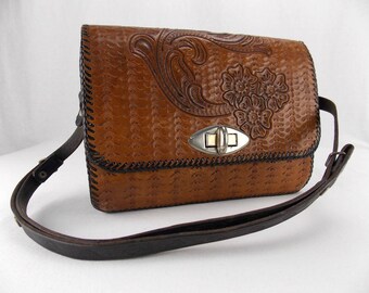 Vintage Embossed Leather Shoulder Bag from Mexico