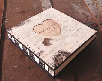 engraved wood photo album - rustic wedding photo guestbook scrapbook unique wedding gift anniversary wood book woodland / made to order