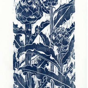 Artichoke print, woodblock print, woodcut, printmaking, large, leaves, plants, flowers, wood grain, nature, blue, Japanese, original