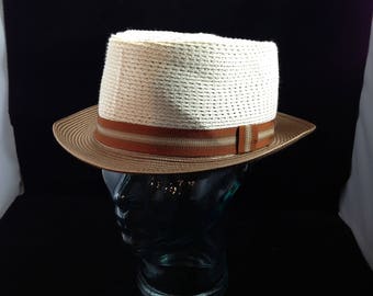 Vintage Stetson Pork Pie Style Straw Hat 2-Tone Color Size 7 1/2 or 60cm 01618