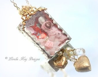 All Heart Frozen Charlotte Soldered Box Charm Necklace Doll In Box Mixed Media Assemblage Pendant