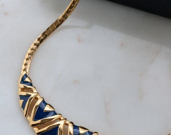 Gold Necklace - Navy Blue Enamel Necklace - Blue Jewelry