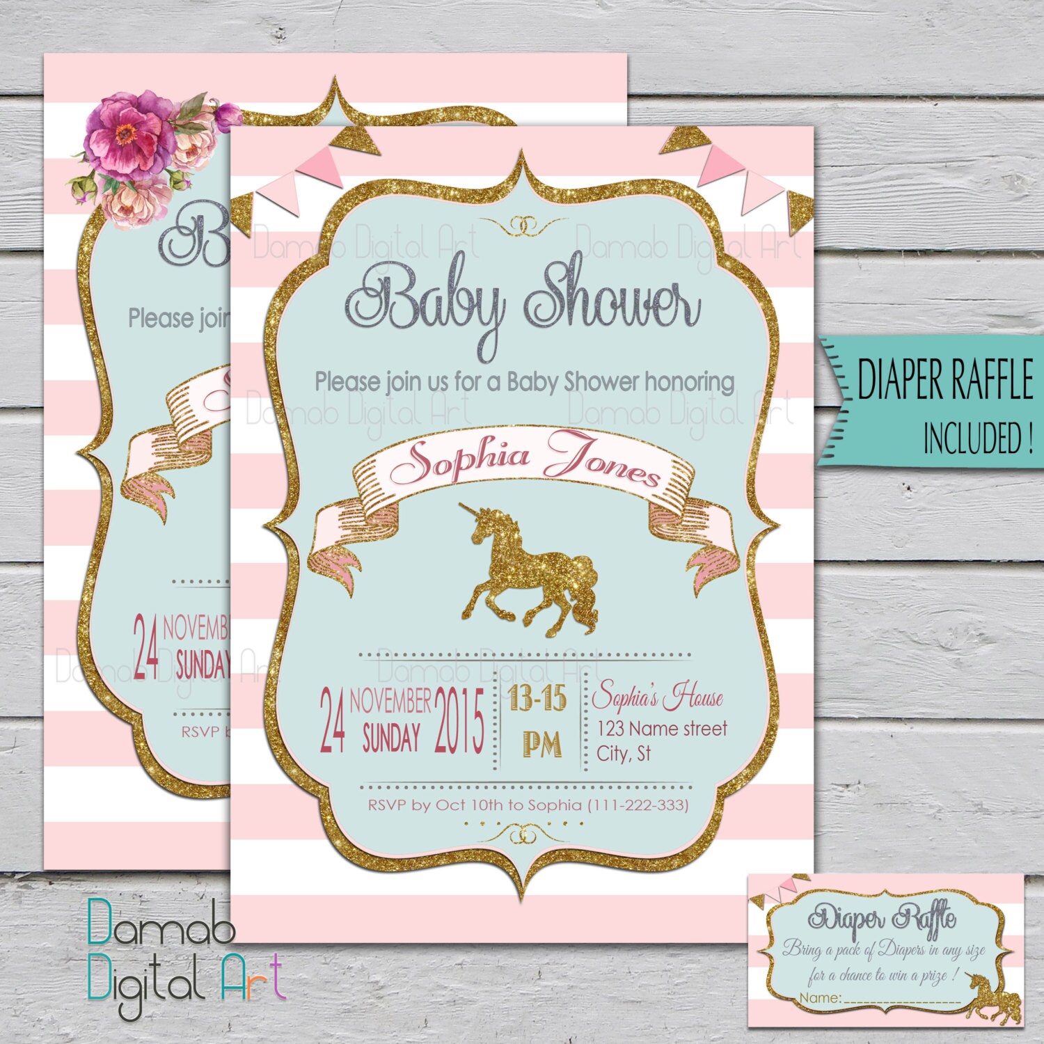 Unicorn Baby Shower Invitation Unicorn invitation pink gold
