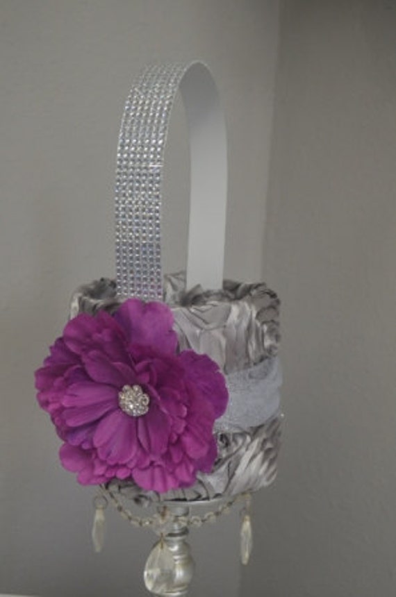 Items similar to Flower Girl BasketSilver rosette, persian plum flower