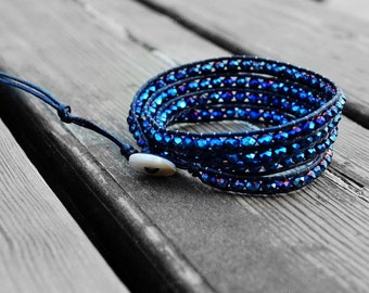 Wrap Bracelet Royal Blue Crystal Bracelet Cuff Bracelet 4mm Beaded Bracelet Girlfriend Gift