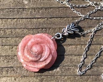 Rhodochrosite Flower Pendant Necklace/ Rhodochrosite/ pink/ gemstone/ Rose/ flower/ pendant/ necklace