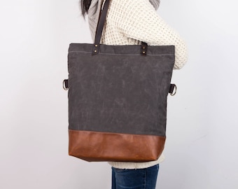 waxed canvas tote,Grey Tote, Leather Bottom Bag/Canvas Base Cotton Adjustable Strap - Leather Handles/Canvas and Leather Tote/Waterproof bag