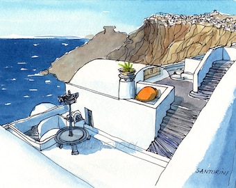 Santorini Firostefani Greece print of watercolor painting drawing, signed