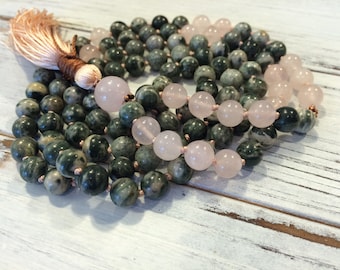 Rose Quartz & Jasper 108 Mala Beads, Mantra Meditation, Buddhist Prayer Beads, For Love, Compassion, Calming, Slowing Down, Introspection