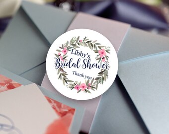 Thank You Custom Labels - Personalized Stickers - Round Stickers - Wreath - Wedding Decor - Bridal Shower Decor - Pink Flowers