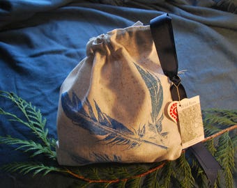 Drawstring Bag, Feather Printed, Knitting Bag, Treasure Bag, Nature Printed