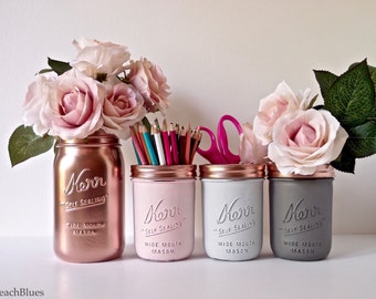 Blush Dorm Decor - Pink Copper / Painted mason jar - pencil holder- Vase - Centerpiece / set of 4 / Editor's Pick