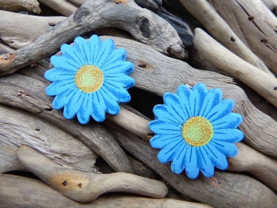 Large Wooden Blue Daisy Gerbera Sunflower Stud Earrings Studs Sun Flower Summer Happy Festival Hippie Earring Boho Earring Ear Rings