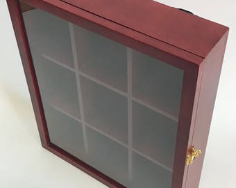 Vintage Curio Mahogany Wall Cabinet 9 Large Cubicles Glass Door Brass Lock Solid Wood Heavy